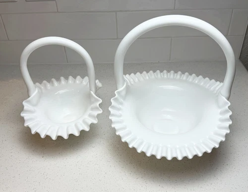 Fenton Milk Glass Hobnail Ruffled Edge Baskets – Set of 2 – Large & Small