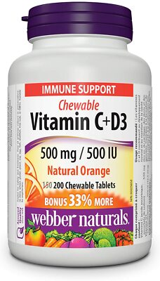 Webber Naturals Vitamin C+D3 Orange Flavour, 500 mg, 500 IU, 200 Chewable Tablet