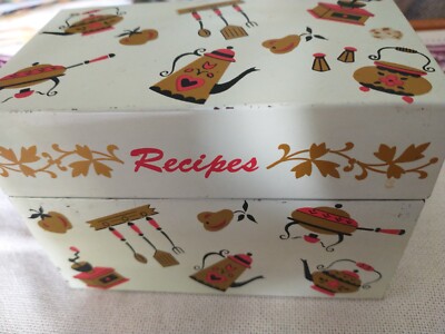 Vtg MCM Ohio Art Metal Tin Recipe Box Kitchen Coffee Teapot Fruit Retro Litho