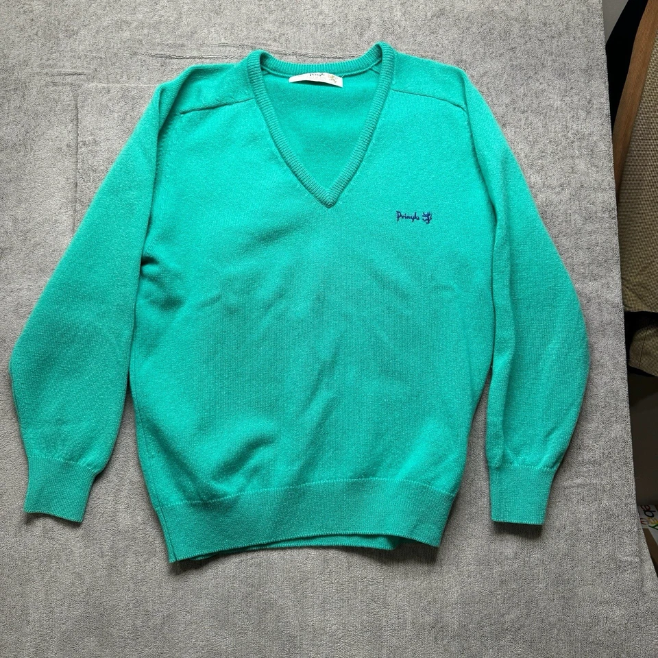 Vtg Pringle Scotland Wool Sweater Men’s L Turquoise V-Neck Grandpa Golf Ivy - Image 3 of 4