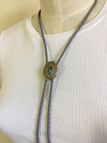 Silver Tone & Faux Turquoise Bolo Tie Grey Leather Lariat Western Southwest - Picture 1 of 5