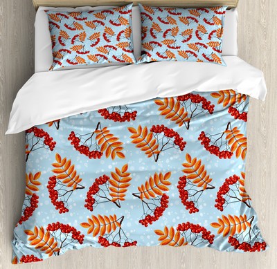Rowan Duvet Cover Set with Pillow Shams Dried Leaf Bunch of Berry Print