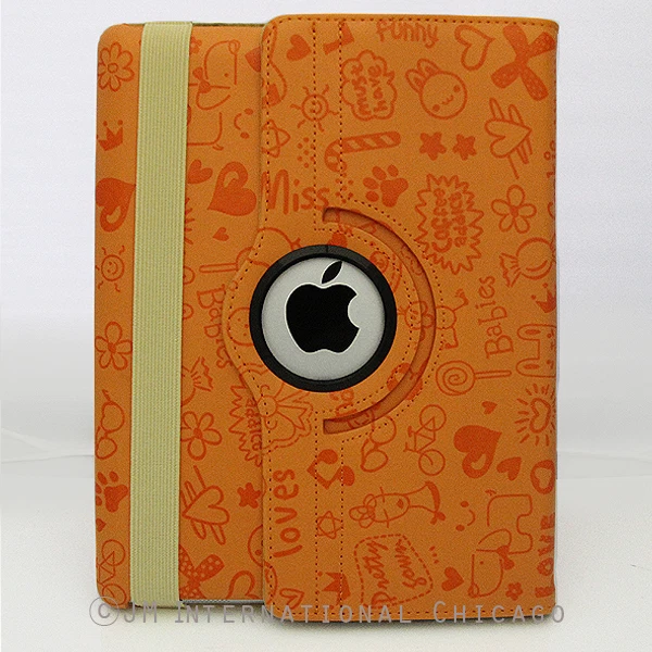 Linda funda inteligente naranja para iPad 4 4G 2 3 360 remolino dibujos animados de cuero en relieve Foto 4 de 4