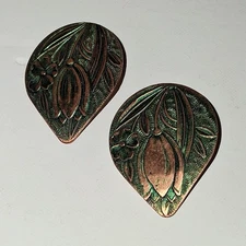 Vintage Copper Arts & Crafts Lily Clip On Earrings Teardrop Green