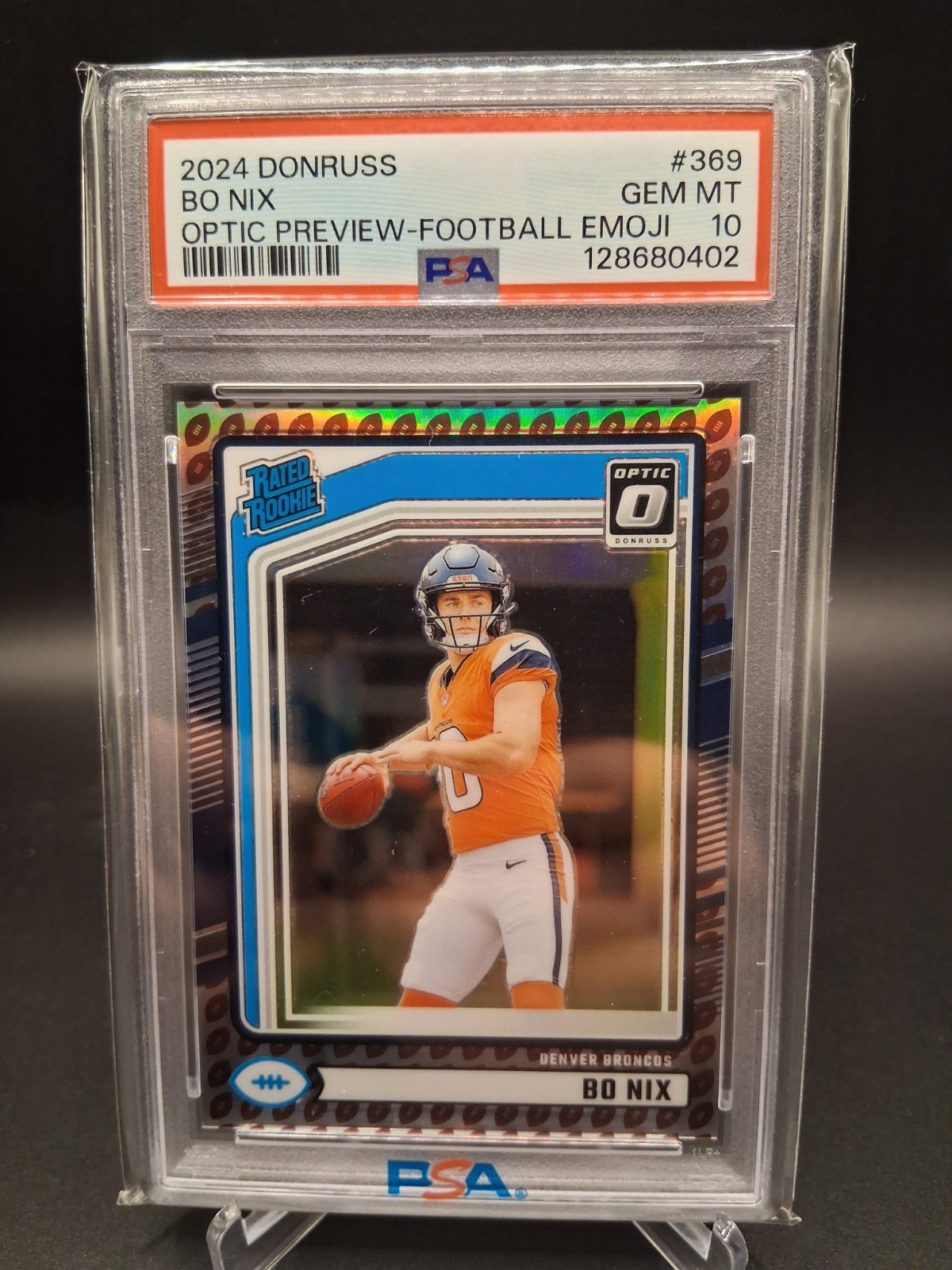 2024 Donruss Rated Rookie Bo Nix #369 Optic Preview Football Emoji PSA 10