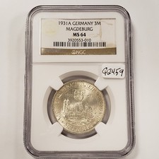 1931-A Germany Weimar Magdeburg 3 Mark  .2411 oz ASW - NGC MS 64 - SCARCE  Q2459