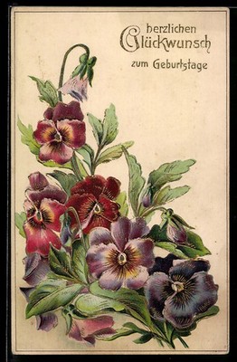 Embossed Postcard Colourful Flowers with Leaves, Birthday 