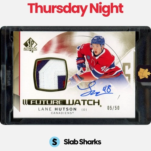 2024 UD SP AUTHENTIC #139 LANE HUTSON HORIZONTAL FUTURE WATCH AUTO PATCH RC /50