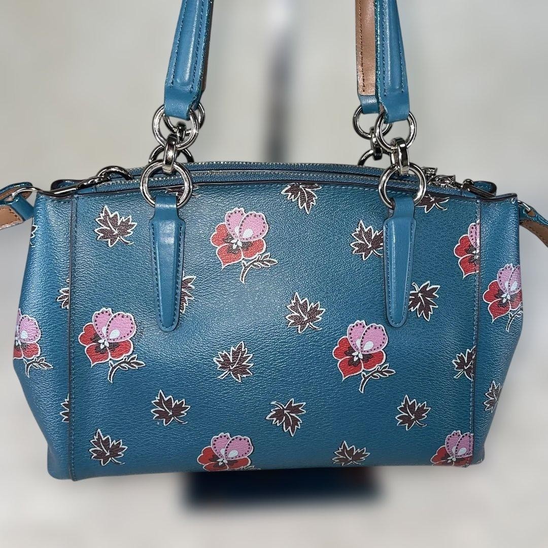 COACH 2way Shoulder Bag Floral Pattern Rose Handbag Leather Blue   Authentic thumbnail 6