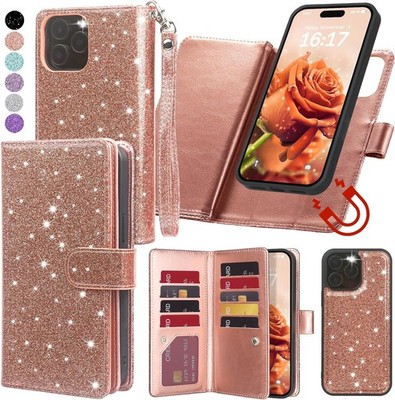 iPhone 12 or 12 Pro Wallet Case Rose Gold Glitter Magnetic Detachable Cover