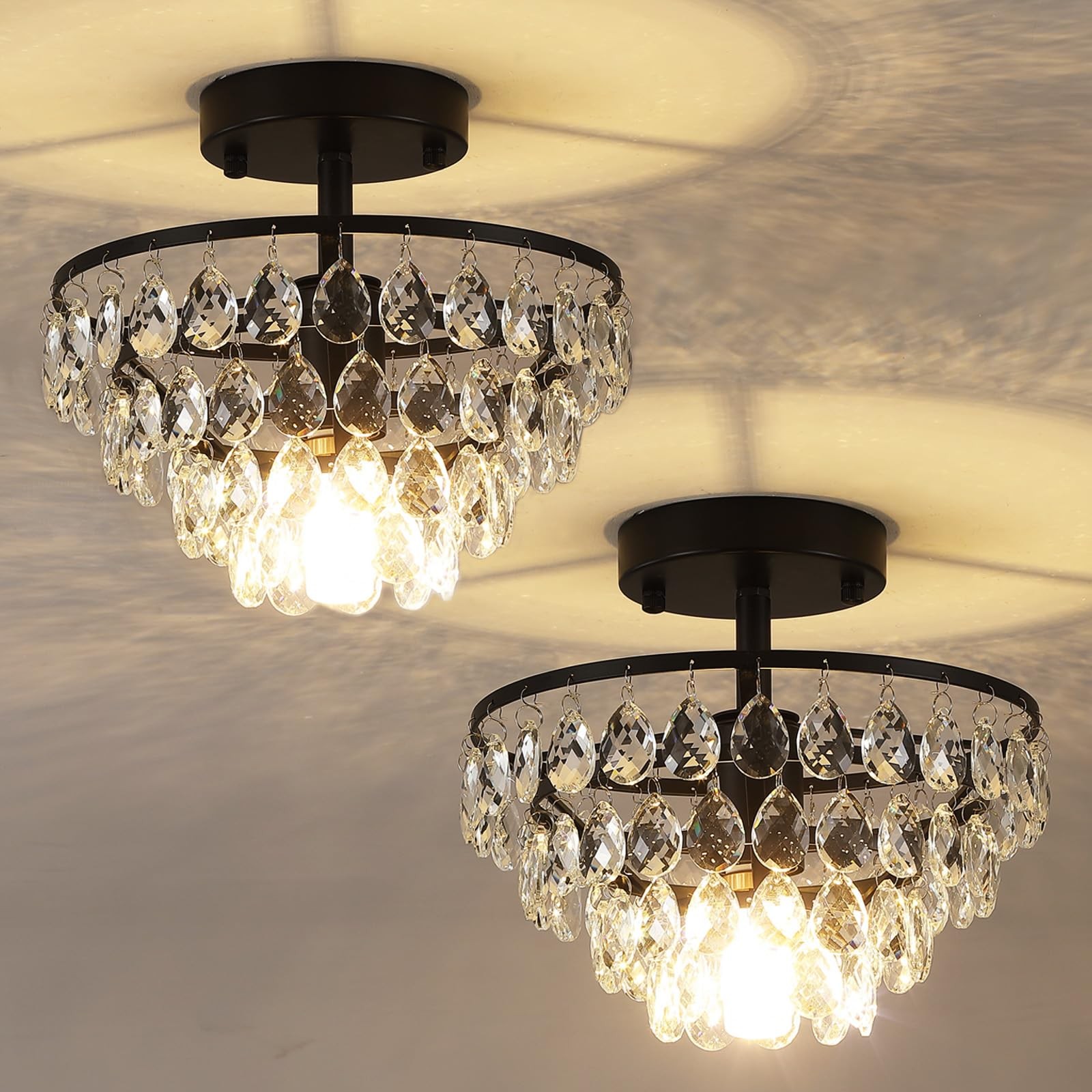 2 Pack Black Crystal Chandelier Semi Flush Mount Ceiling Light Fixture