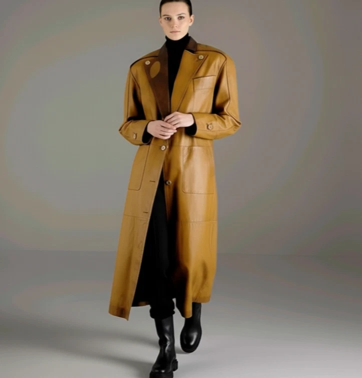 Manteau Vintage En Cuir Pour Femme - Taille 40 - Marron - Style Trench Avec Fourrure - Occasion TBE