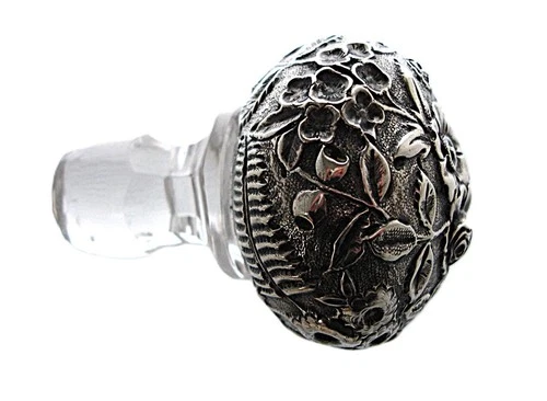 Antique Floral Repousse Sterling Silver Liquor Perfume Bottle Stopper Kirk & Son