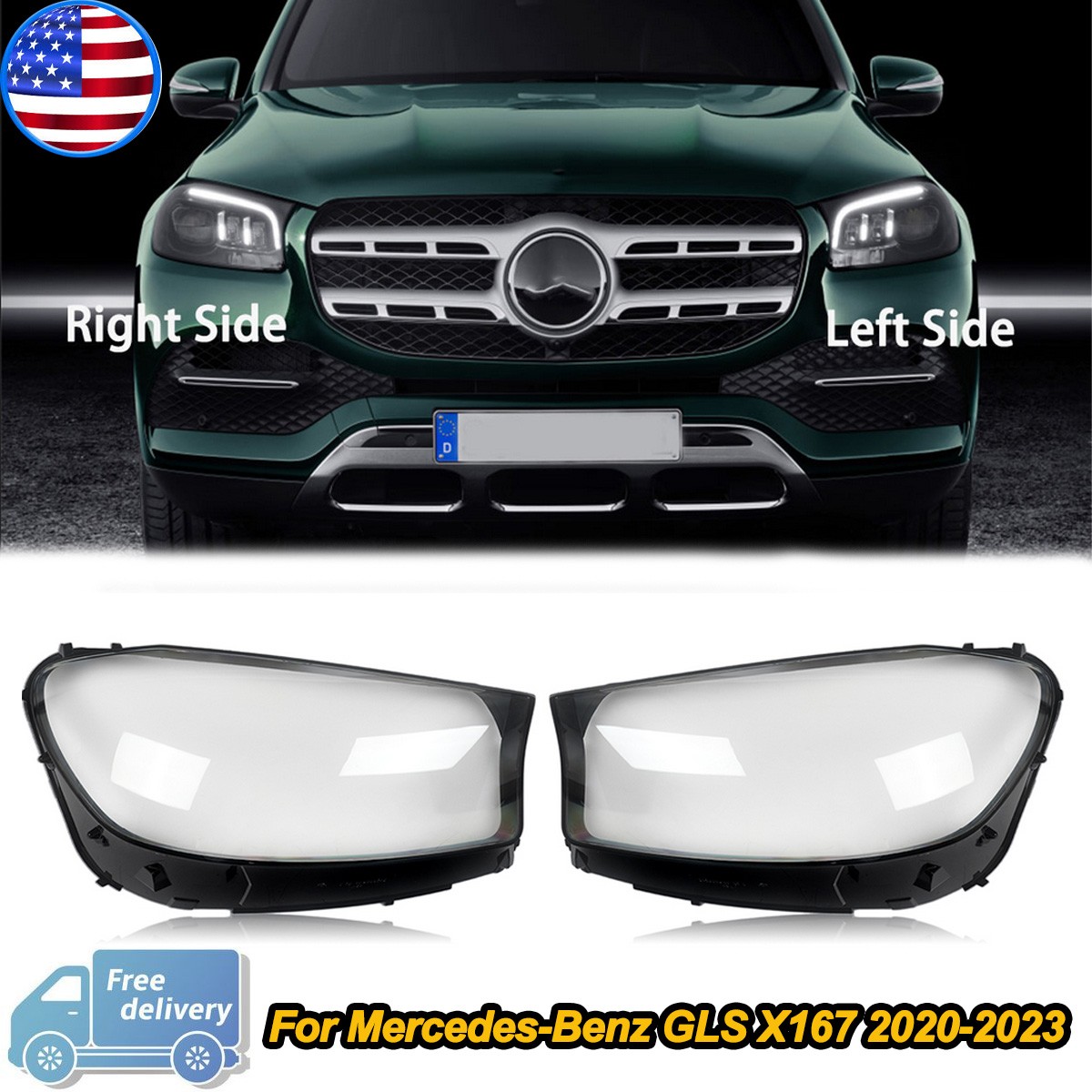For Mercedes-Benz GLS X167 2020-2023 Pair Headlight Headlamp Lens Covers Shell