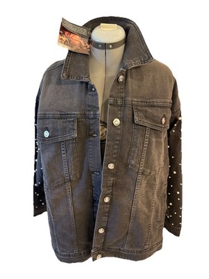 Grey Denim Jacket embellished Iman size 2X Crystal Buttons Pearls On Sleeves NWT