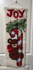 Vintage Latch Hook Rug Wall Hanging Joy Teddy Bear Christmas 12  X 36  1980  s