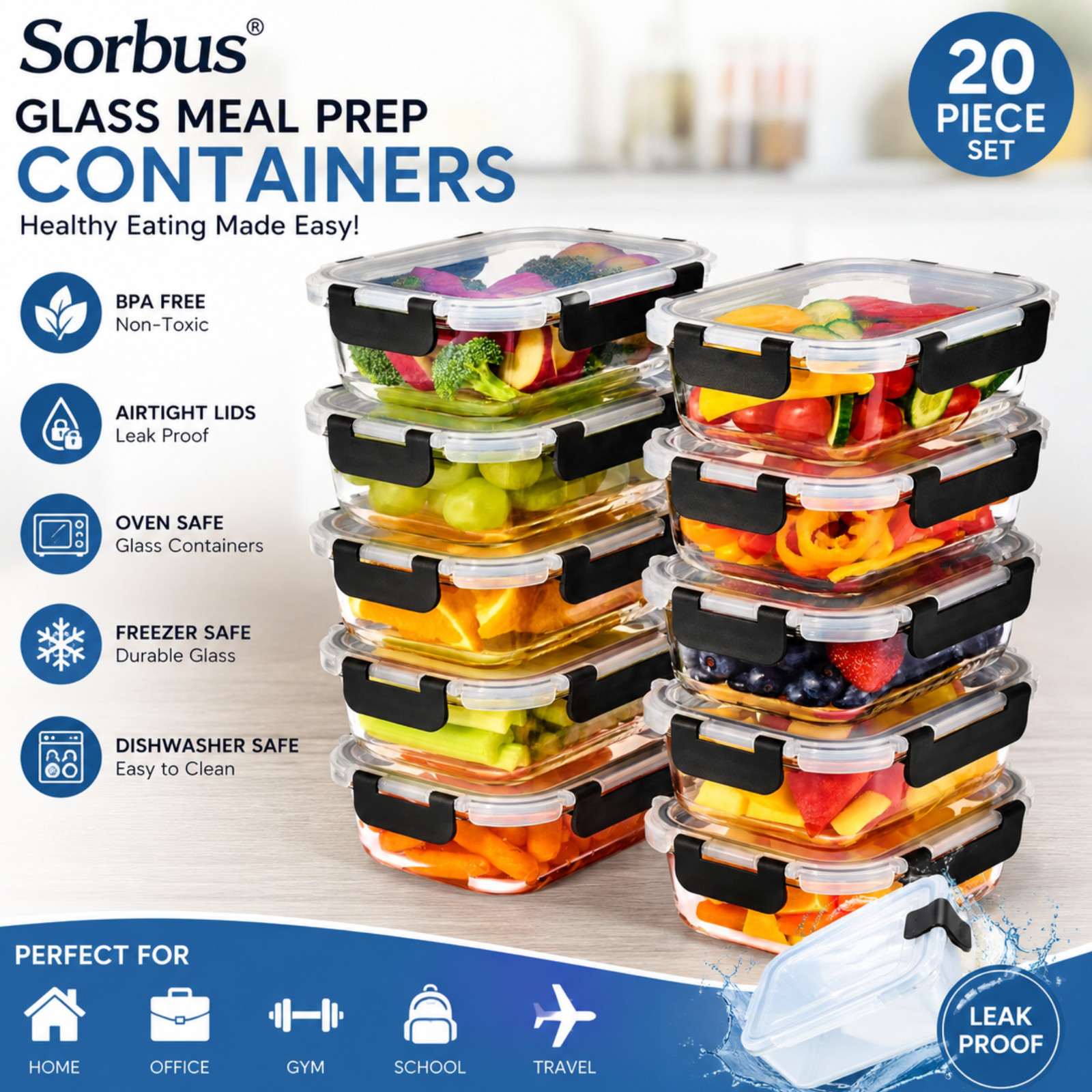 Sorbus Glass Meal Prep Containers 20 Piece Airtight Food Storage Set Clear