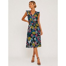 A.N.A. A New Approach Black Floral Tropical Vacation Ruffle Midi Dress 12 L NWT