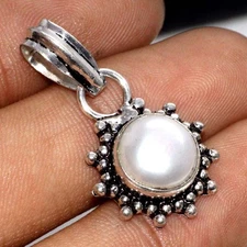 925 Silver Plated Stylish Pearl Pendant Handmade Jewelry Size 1.1" MJ