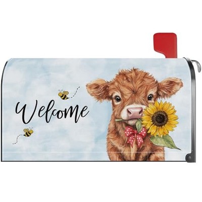 Sunflower Highland Cow Mailbox Cover Magnetic Standard Size 21x18 Inch Post