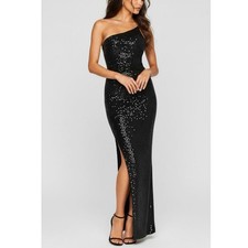 $379 NWT NOOKIE Liberty One Shoulder Sequin Gown, Black, Small
