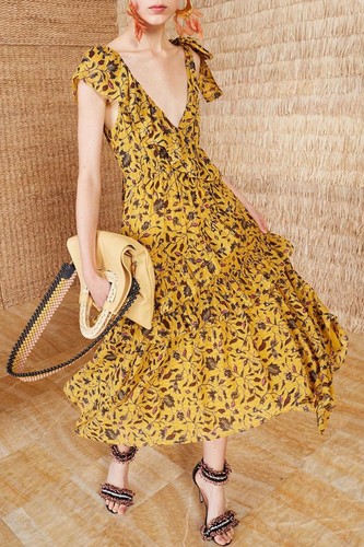 ULLA JOHNSON Yellow Amber Floral Print DANIA Ruffle Tiered Tie Shoulder  Dress 0 | eBay