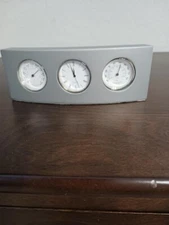 Three Face Desktop Quartz Clock, Hygrometer, Thermometer Stainless Steel 6"x2"
