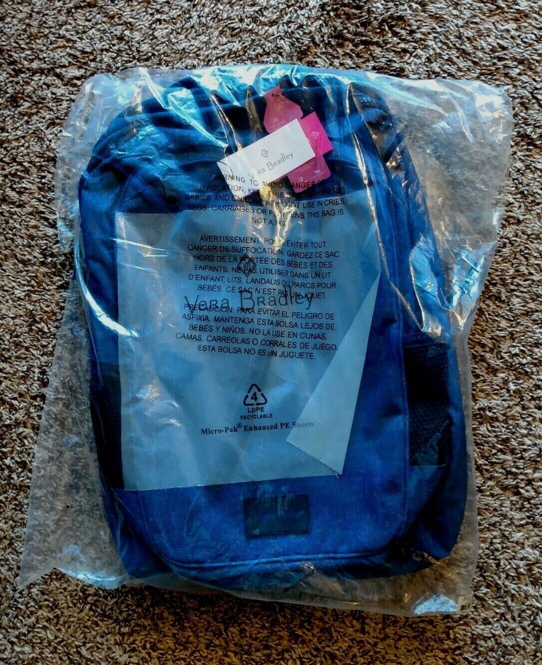 NWT Vera Bradley Reactive XL Backpack Dark Blue Heather Trolley Sleeve