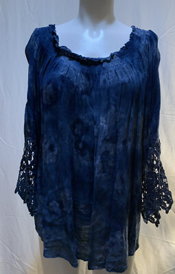  Studio West Indigo Blue Boho Tunic Top Blouse Lace Flounce 3/4 Sleeves NWT