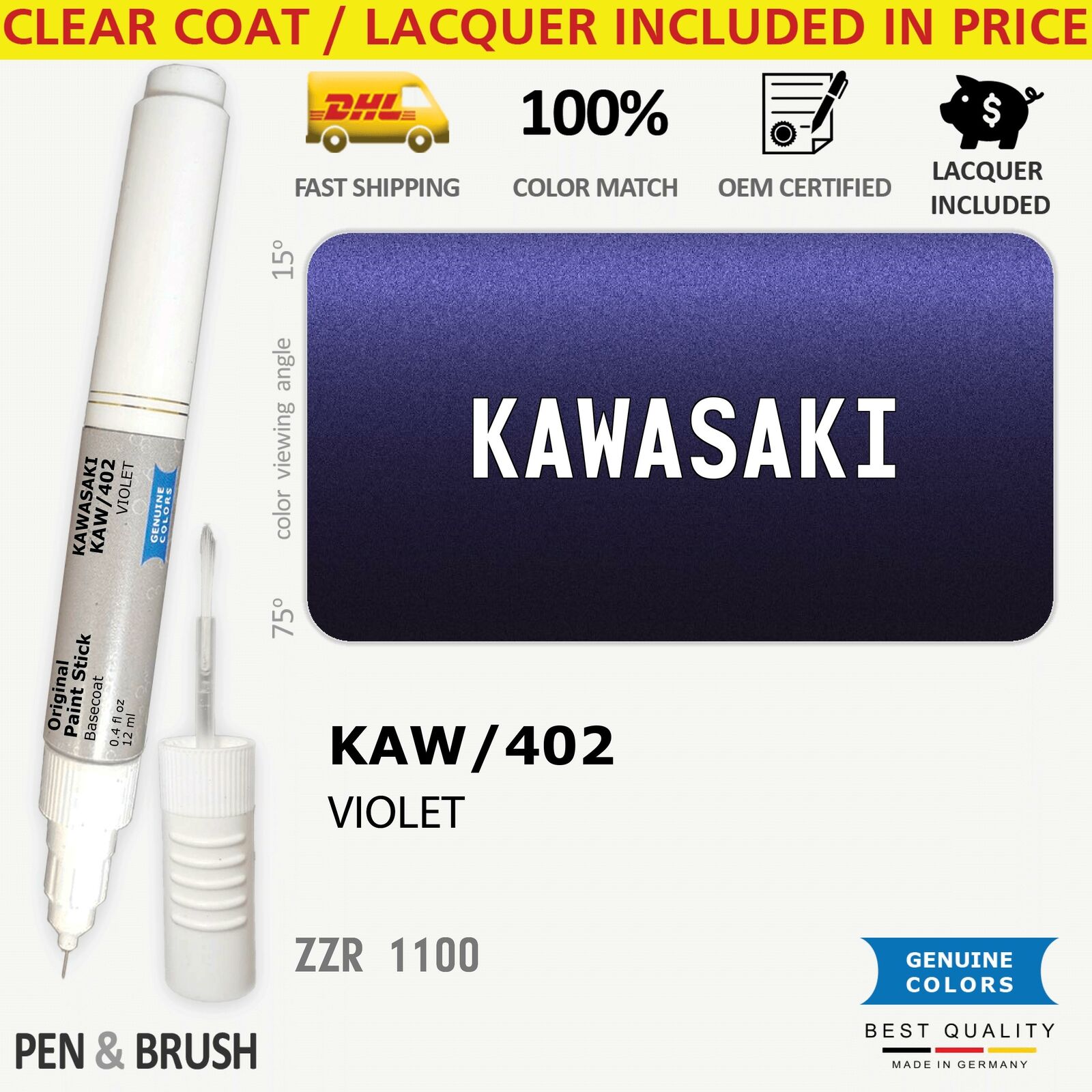 KAW/402 Touch Up Paint for Kawasaki Purple ZZR 1100 402 VIOLET Pen Stick Scratch