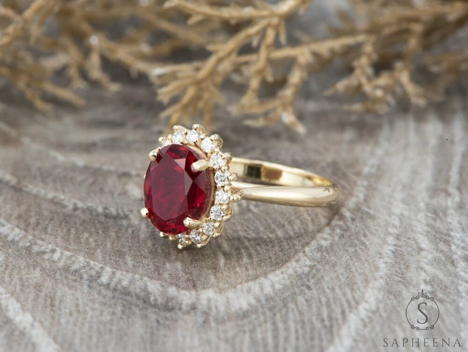 Ruby Engagement Ring Lab Grown Diamond 14K Yellow Gold Oval 3.90 Carat 5 6 7.5 8 - Image 2 of 4