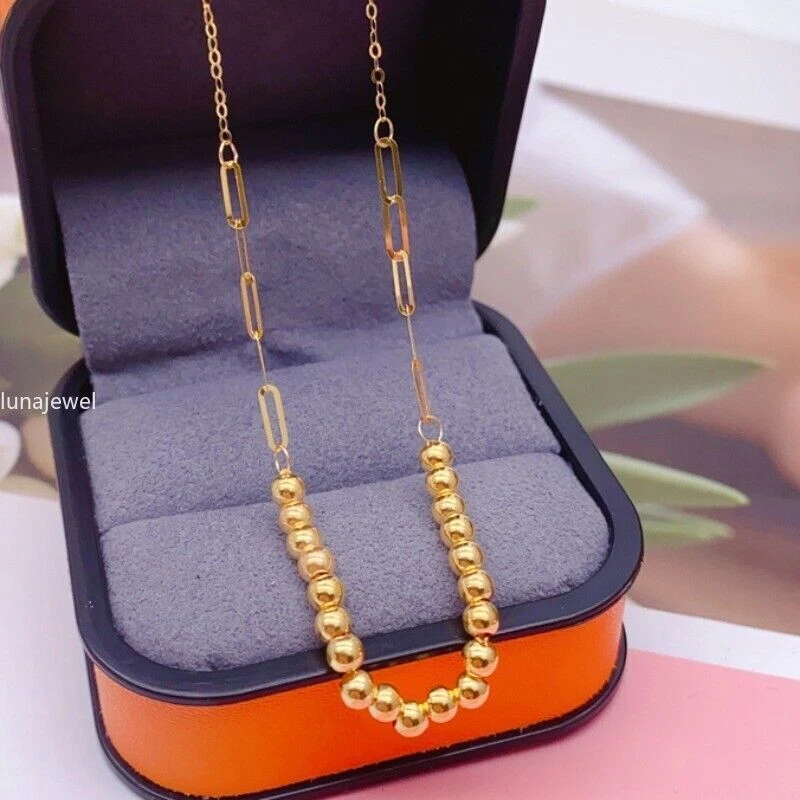 Collar de eslabones de cadena O cuentas Au750 puras de oro amarillo sólido real de 18 quilates 16,1-17,3 pulgadas Foto 2 de 4