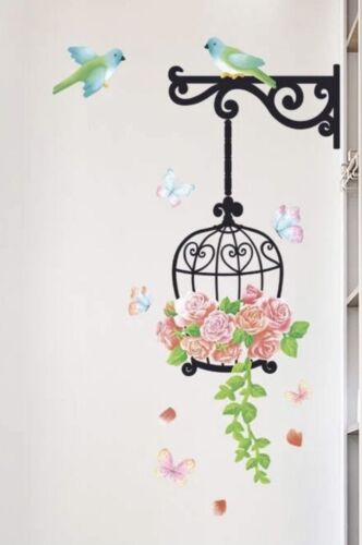 NEW 35” x 20” Hanging Bird Cage w/ Pink Roses & Flying Birds Wall Sticker Decal - Afbeelding 1 van 12