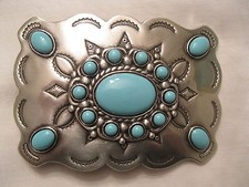 Belt Buckle 311 - Silver Plated - Silver  Turquoise Colored Stones