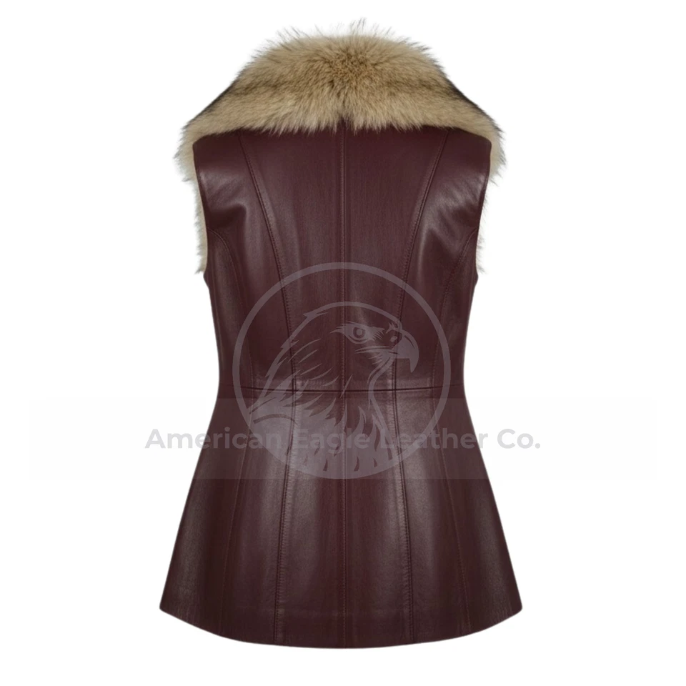 Women’s Burgundy Lambskin Leather Long Vest Full Fur Lining Fox Collar Waistcoat - Image 2 of 4