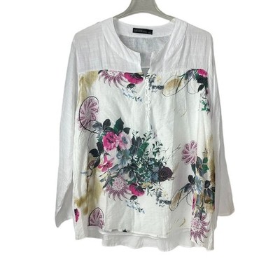Zanzea Womens Button-Front Floral Blouse White Multicolor XXXXL Rayon/Polyester