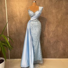 Sky Blue Shiny Mermaid Prom Party Dress Sheer O-neck Sequins Backless Evening