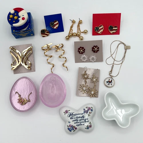 Vintage Estate Costume Jewelry Lot Avon Boxed 90s Earrings Pin Trinket Box MCM