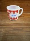 WESTFIELD Milk Glass Mug "Harry" Red white Gingham Checker Vintage Cup plaid