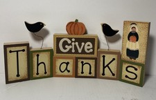 Set of 8 Wooden Blocks Primitive GIVE THANKS Rustic Word Building Blocks
