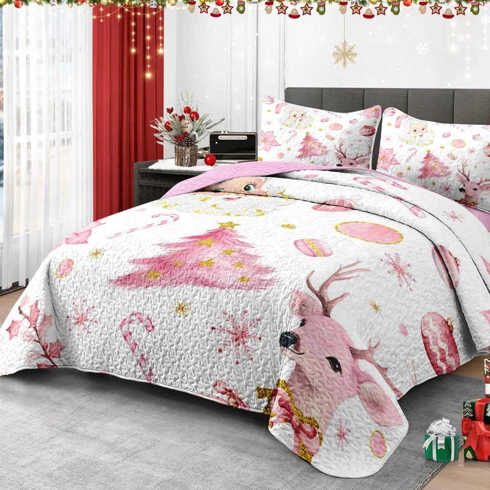 Christmas King Size Quilt Set, Pink Winter Funny Santa Claus Lightweight Beds... - Image 2 of 4