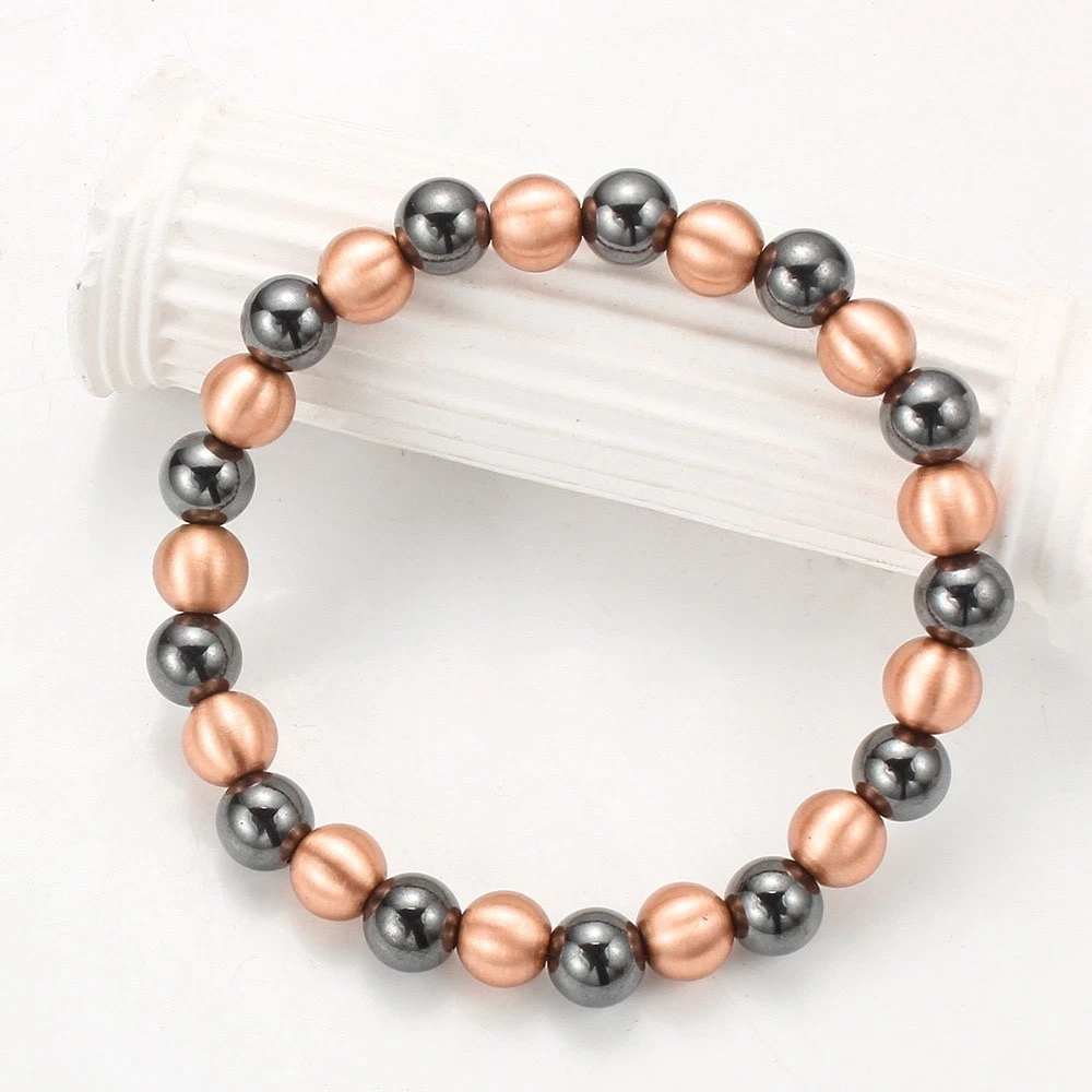 Pure Copper 8mm Beads Magnetic Bracelet Stretch Men Women Energy Wellness Gift