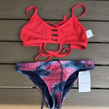 TYR Durafast Women Solid Red Tieback & Obsidian Red/smoke Bikini Sz S New Sample