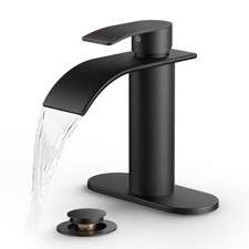 Androme Waterfall Bathroom Vanity Faucet w/ Deckplate Pop Up Drain, Black