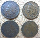 4 Indian Head Pennies - 1901, 1905, 1907, 1909 - Very Good Condition