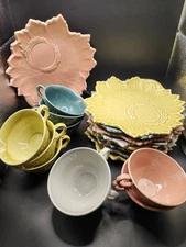 10 Steubenville Woodfield Snack Plates & 10 Tea Cups Chartruse,Salmon,Teal,Gray