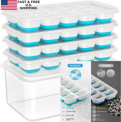 DOQAUS Ice Cube Tray with Lid and Bin - 4 Pack 8.2*4.5*3.6'' - 4 Pack, Blue