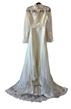 VTG 70s Lace Pearl Beaded Wedding Dress Sheer Sleeve Train XS