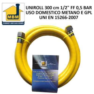 MBM Tubo flessibile gas Metano e GPL acciaio inox rivestito 1/2'' FF cucina 300 cm