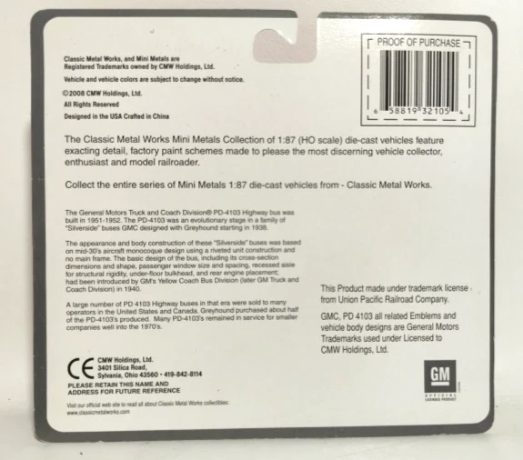 HO Scale Union Pacific Bus RR Inter State GMC PD-4103 32105 Mini Metal - Image 2 of 2